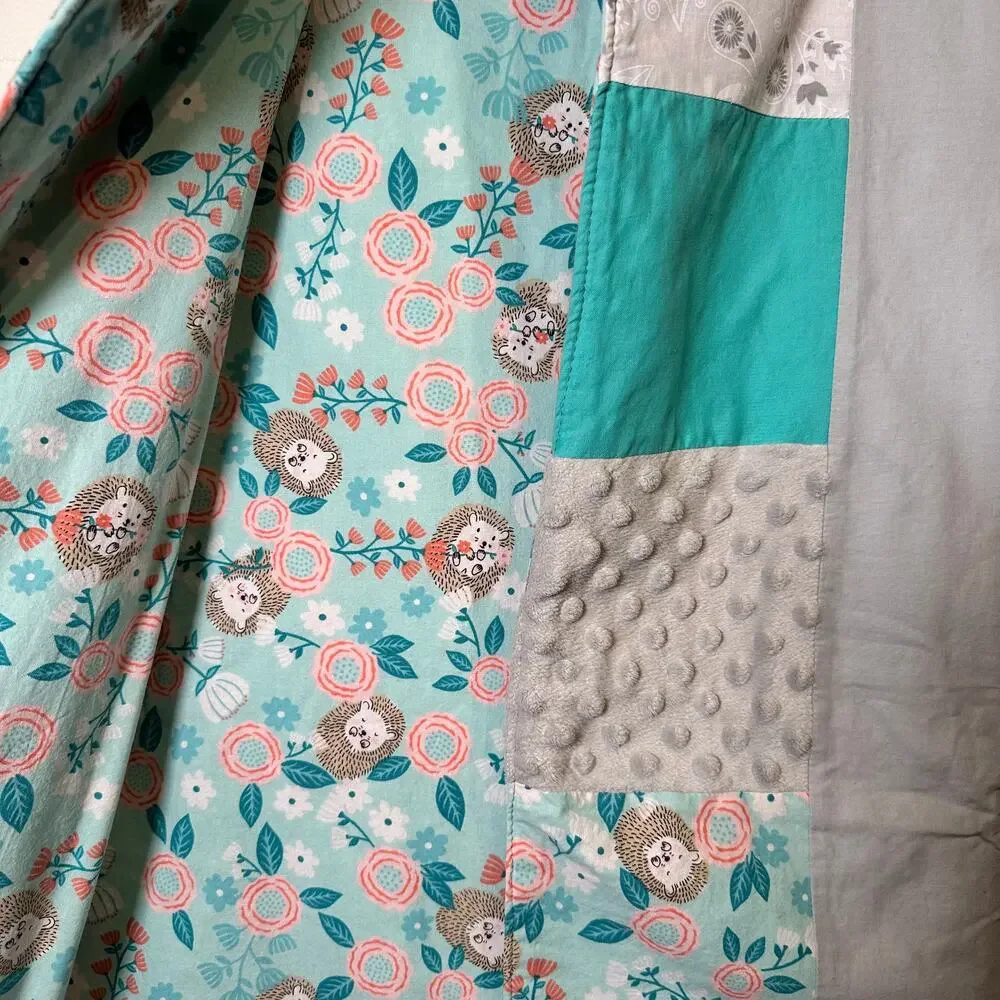Handmade Baby Quilt 30 x 36 Hedgehog Floral Turquoise Pink Gray Original Gift